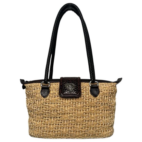 Brighton Handbags - VTG Brighton Purse Brown Leather Straw Woven Double Handle Heart Boho 90s Y2K